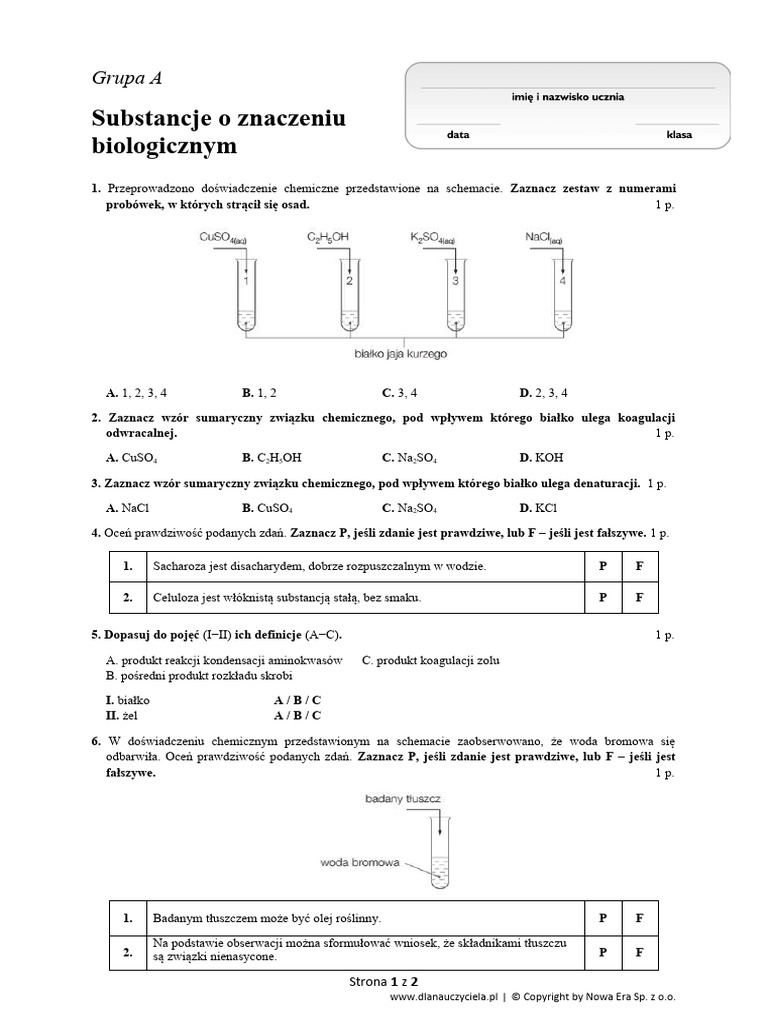 Substancje O Znaczeniu Biologicznym Sprawdzian Odpowiedzi Sprawdzian 5 Substancje o Znaczeniu Biologicznym Grupa A | PDF