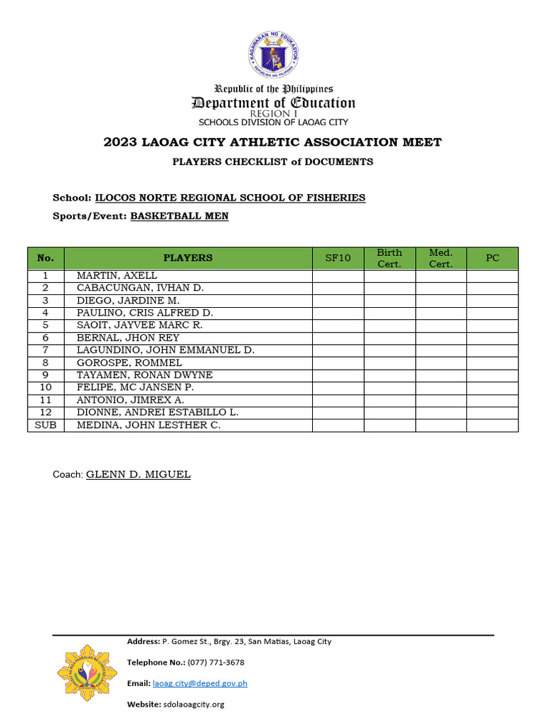 Players List for Laoag City Meet | PDF