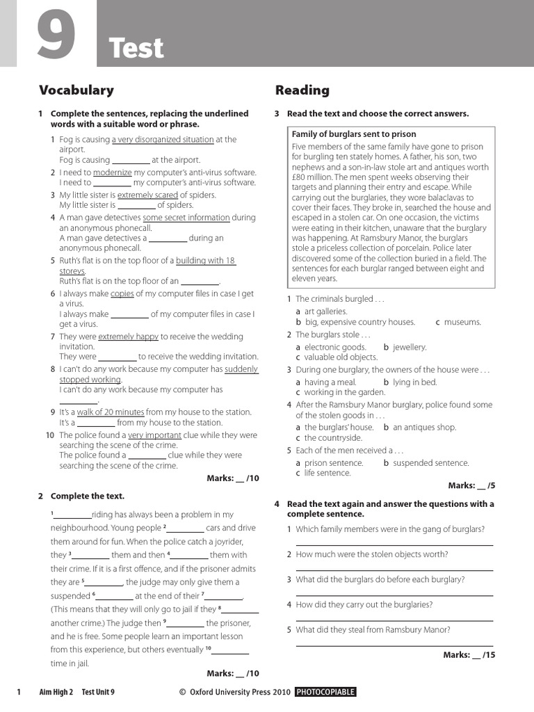 Aim High 2 Unit 9 Test | PDF