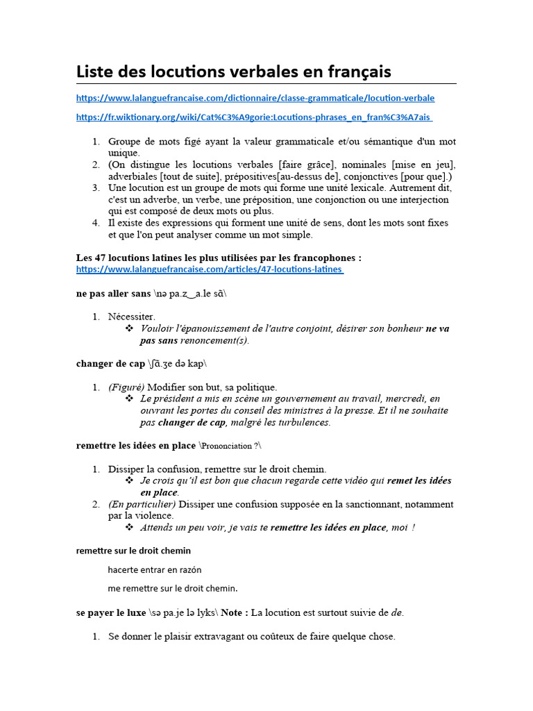 Liste des locutions verbales en français | PDF
