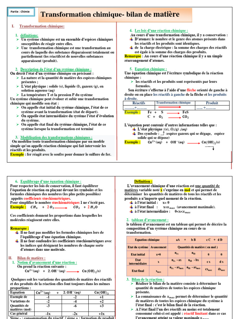 Bilan de matière en transformation chimique | PDF | Chimie | Stœchiométrie