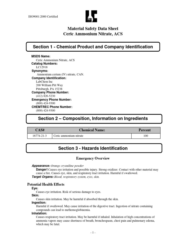 Material Safety Data Sheet Ceric Ammonium Nitrate, ACS Section 1