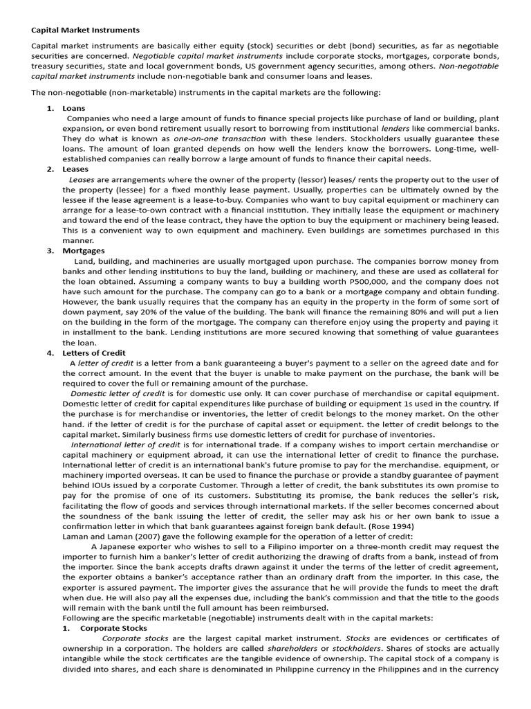 Capital Market Pdf Bonds Finance Stocks