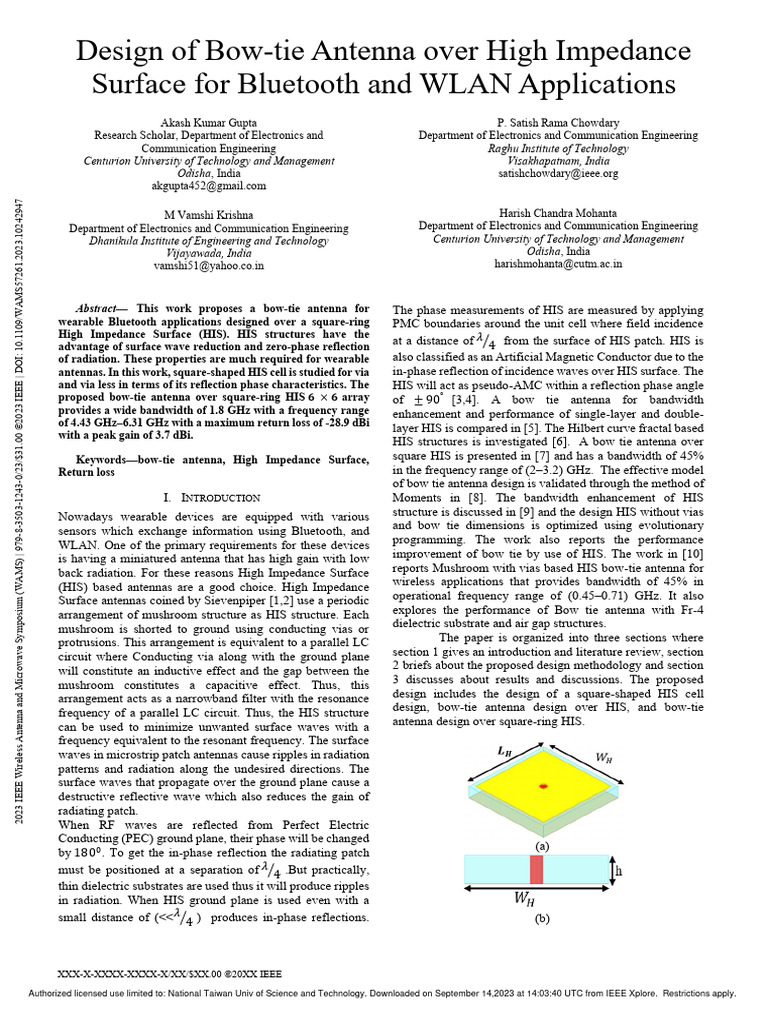 Design of BowTie Antenna Over High Impedance Surface For Bluetooth and