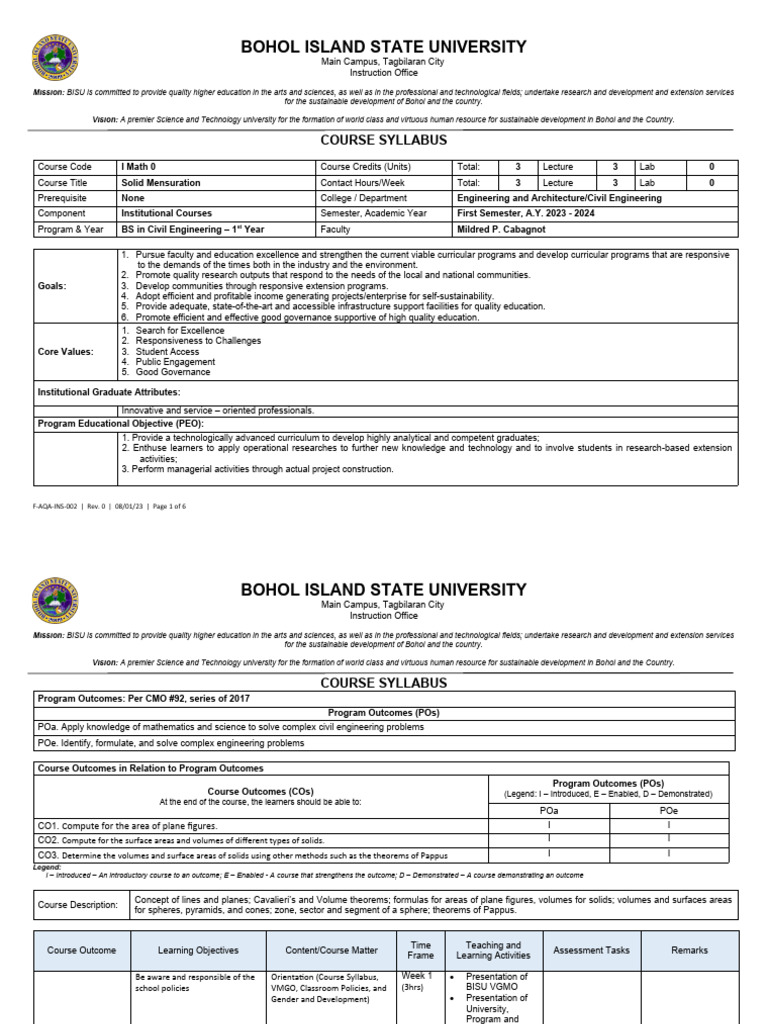 Syllabus Solid Mensuration ISO Form | PDF