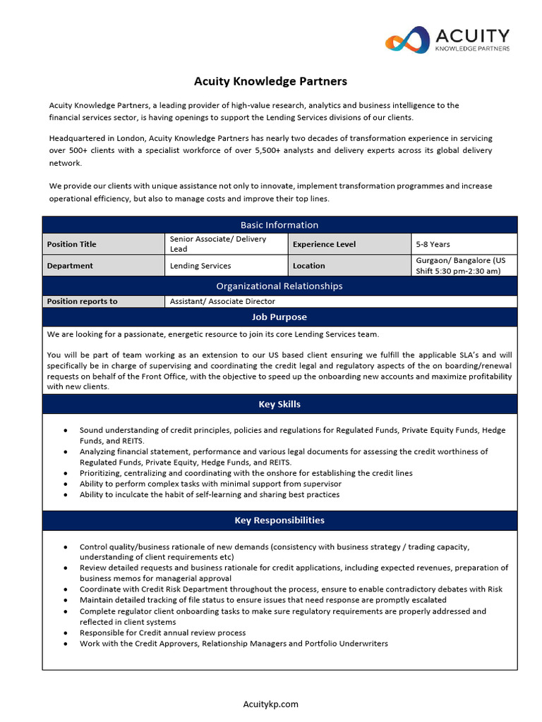 Senior Associate Role at Acuitykp | PDF | Career & Growth | Finance ...