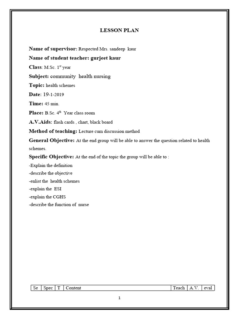 LESSON PLAN On Health Scheme | PDF | Employment | Social Programs