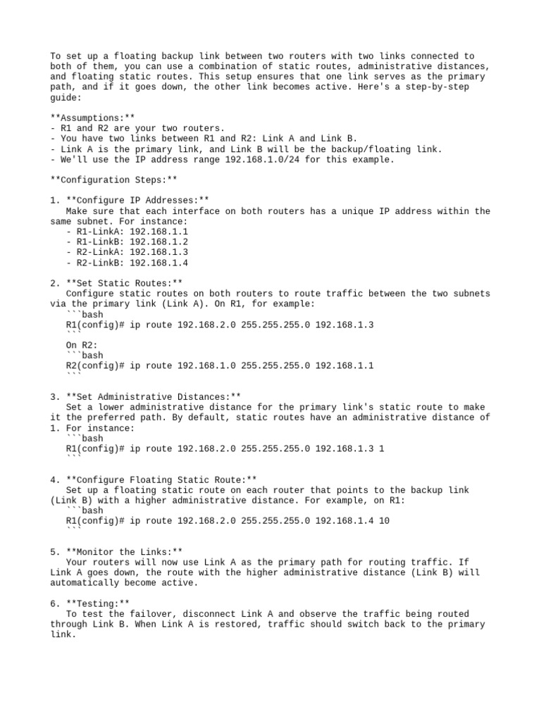 To set up a floating backup link be pdf
