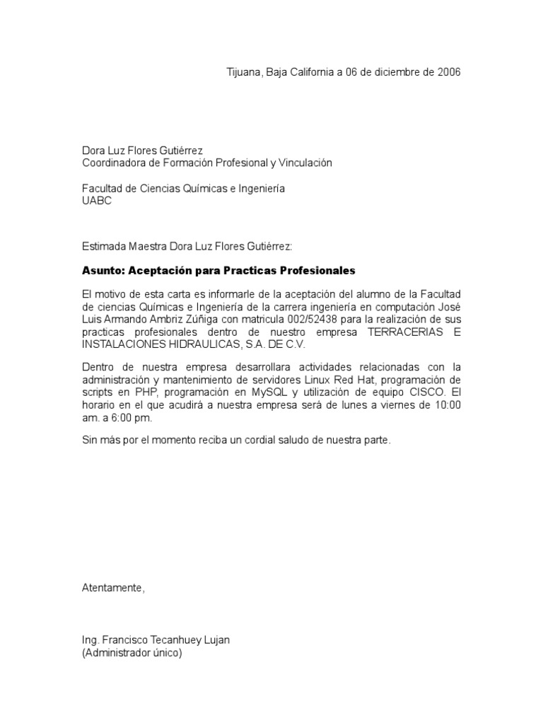 Carta de Aceptacion Practicas Profesionales Tihsa