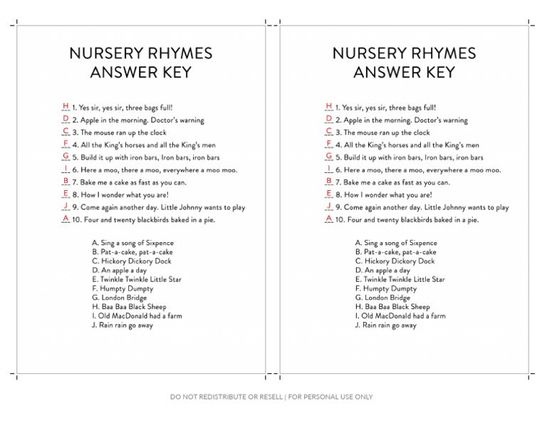 Nursery Rhyme Answer Key PDF