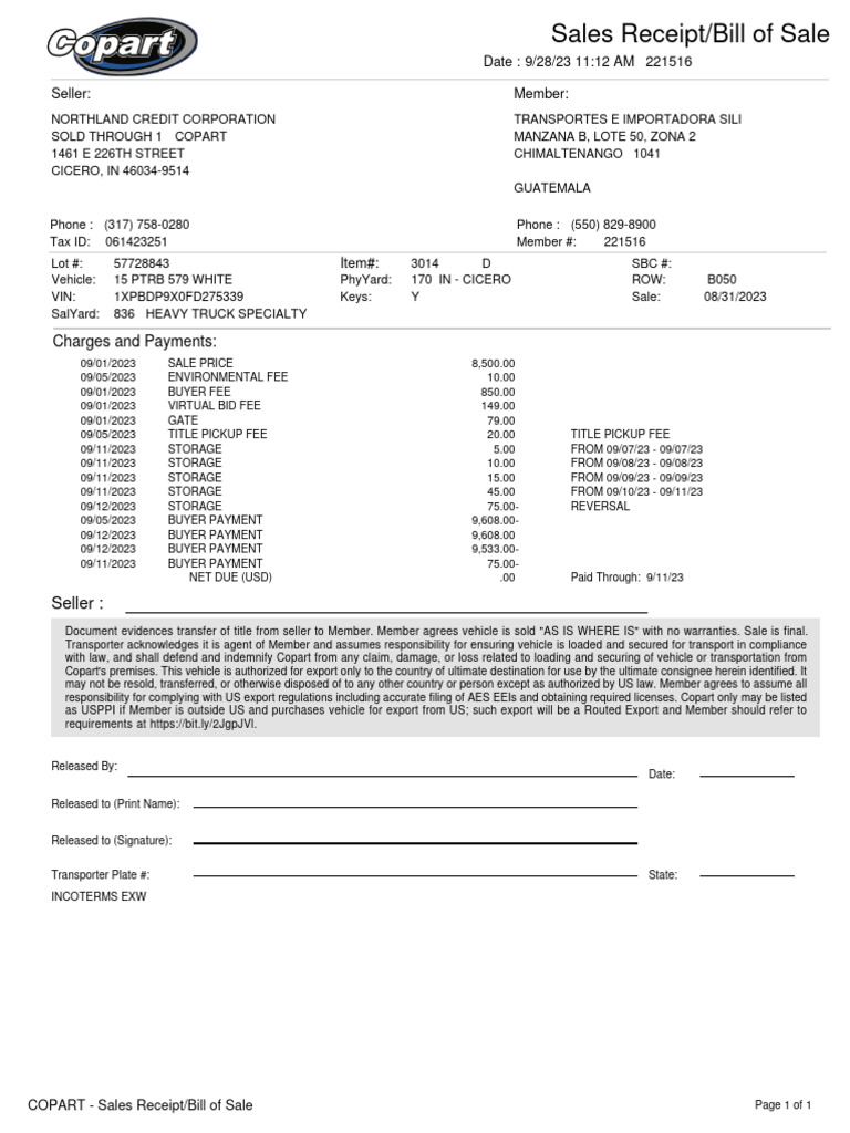 Copart Bill of Sale Receipt | PDF | Service Industries | Economies
