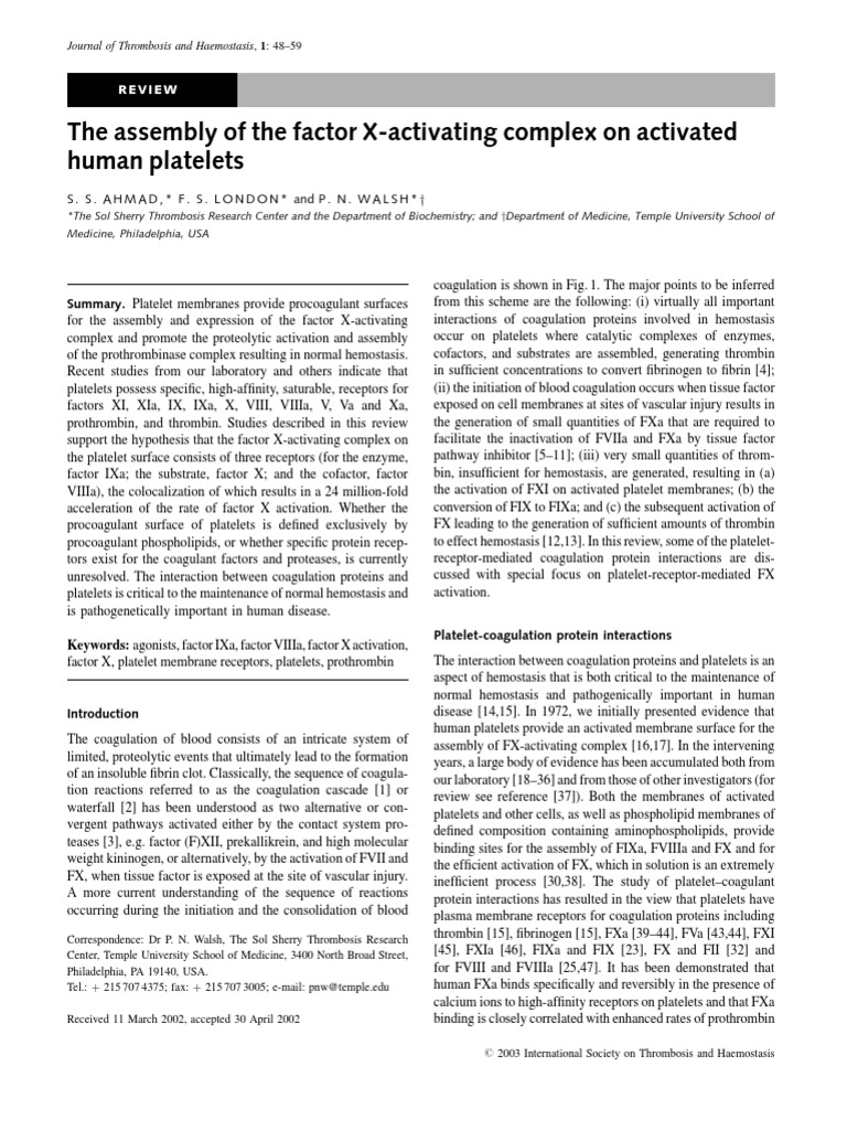 The Assembly Of The Factor X Activating Complex On Activated Coagulation Platelet