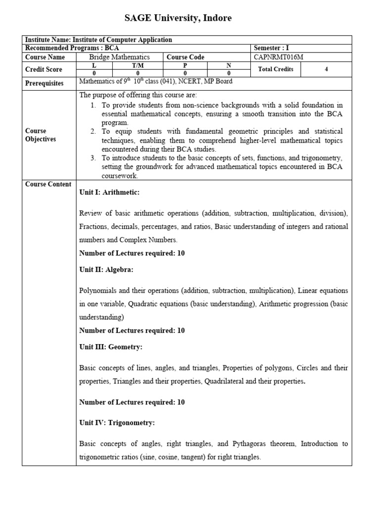 BRIDGE MATHEMATICS Syllabus Sage University PDF