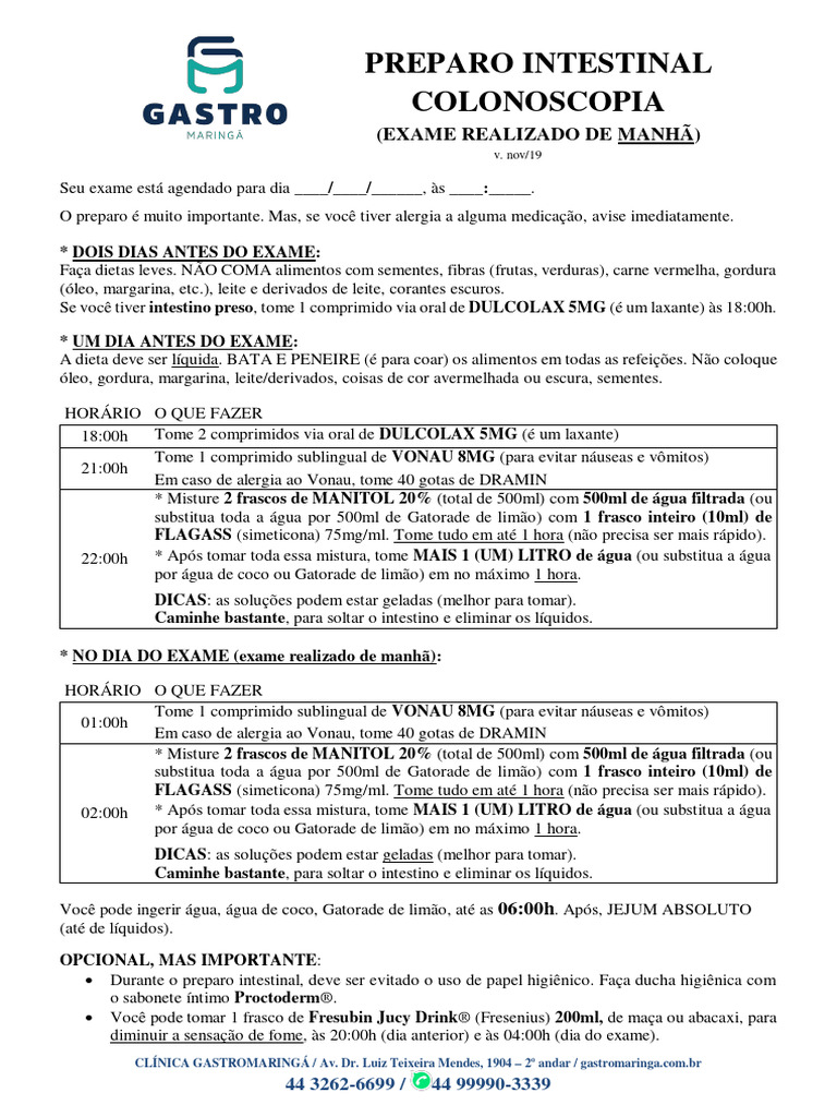 Preparo de Colon Manhã | PDF | Especialidades médicas | Comidas e bebidas