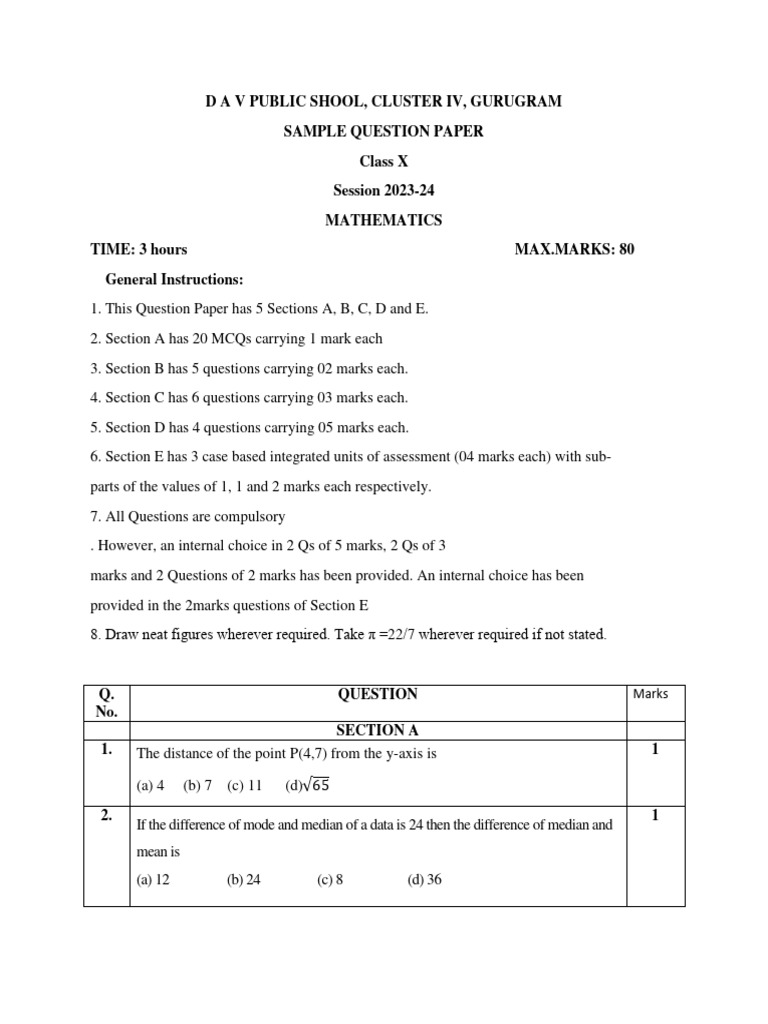 SQP Maths Class X | PDF