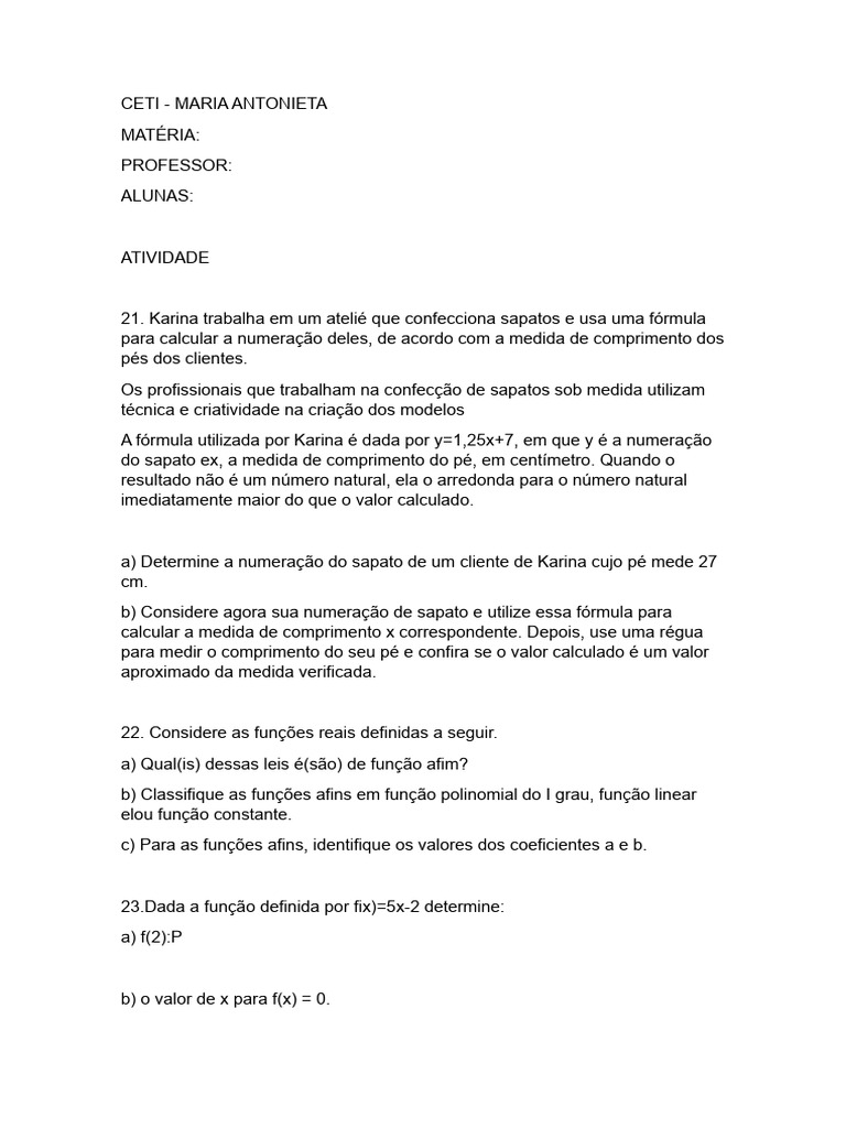 Atividade De Matematica Pdf