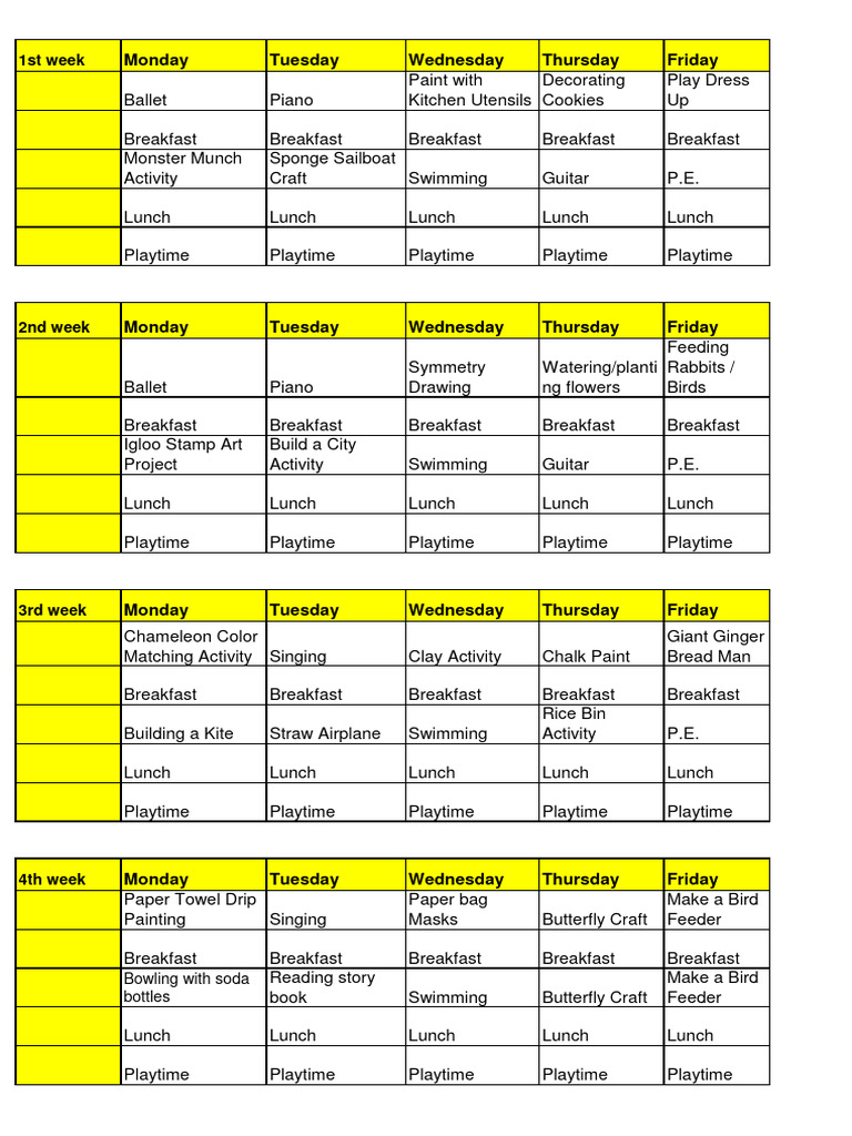 Summer Camp Timetable Template