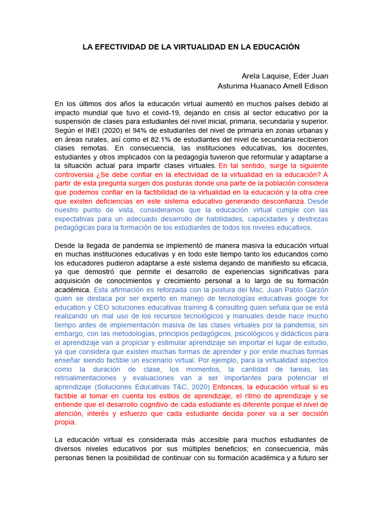 Ensayo LA EFECTIVIDAD DE LA VIRTUALIDAD EN LA EDUCACIÓN | PDF ...