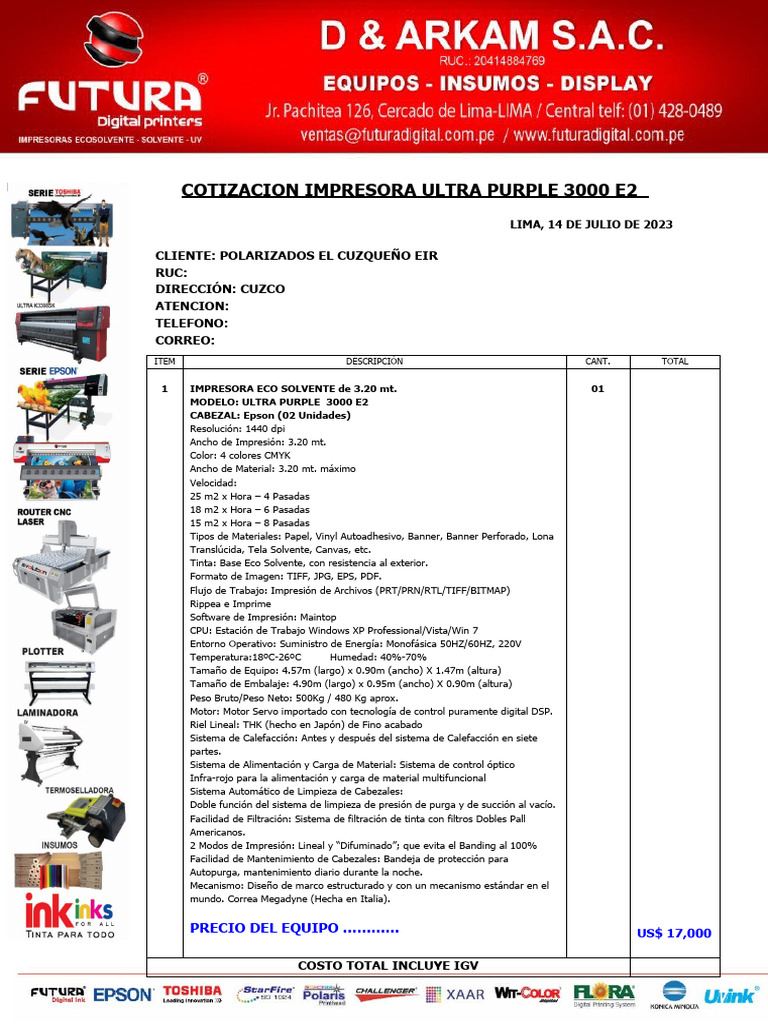Cotizacion de Impresora Ultra Purple 3000 E2 POLARIZADOS EL CUZQUEÑO ...