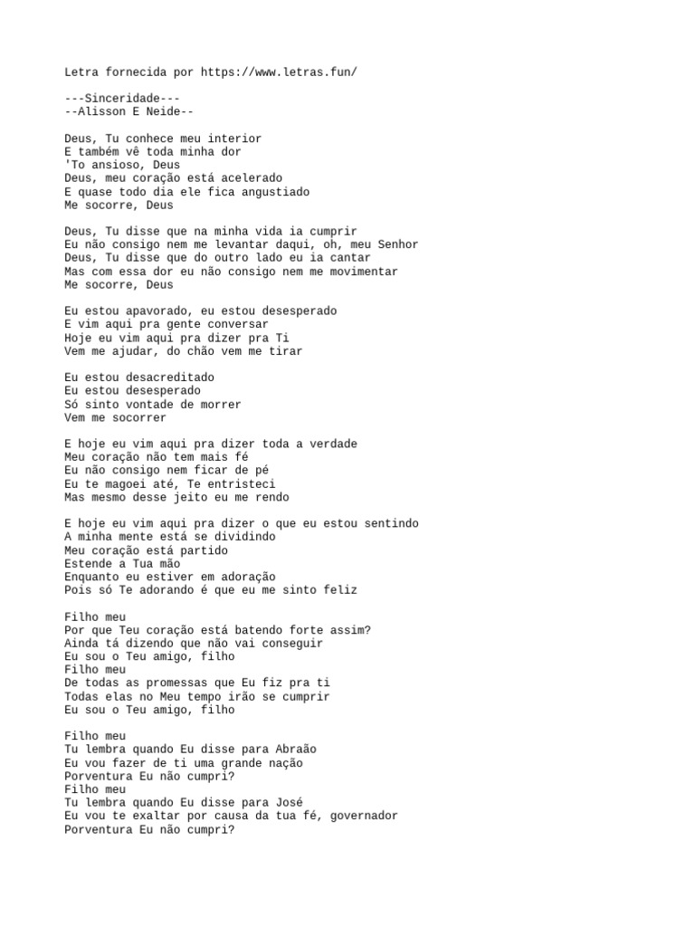 Sinceridade - Alisson E Neide Lyrics | PDF