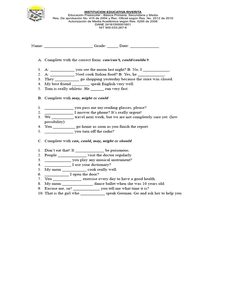 Test Modal Verbs 9º Iiip Pdf
