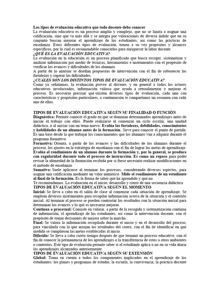Tipos de Evaluación Educativa Esenciales | PDF | Crecimiento personal y ...