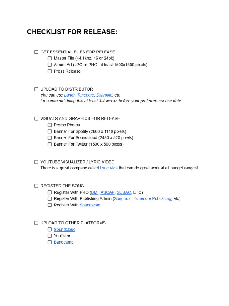Music Release Checklist for Artists | PDF | Art
