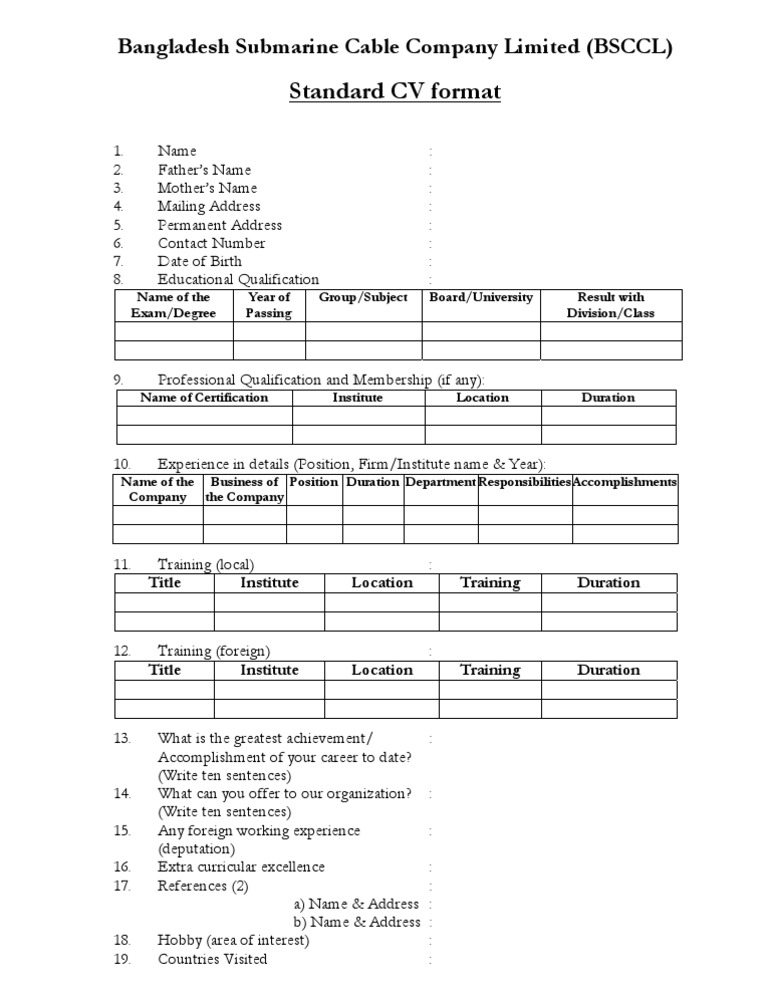 BSCCL Standard CV Format Template | PDF | Career & Growth