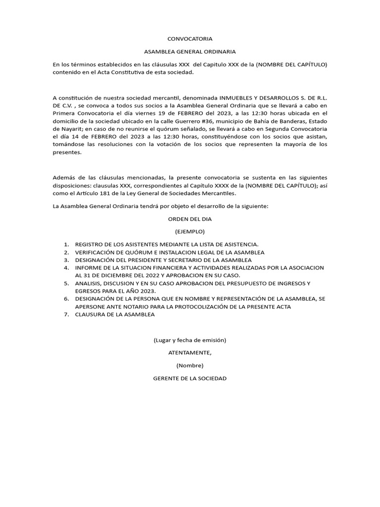 Modelo de Convocatoria para Asamblea Ordinaria y Extraordinaria PDF