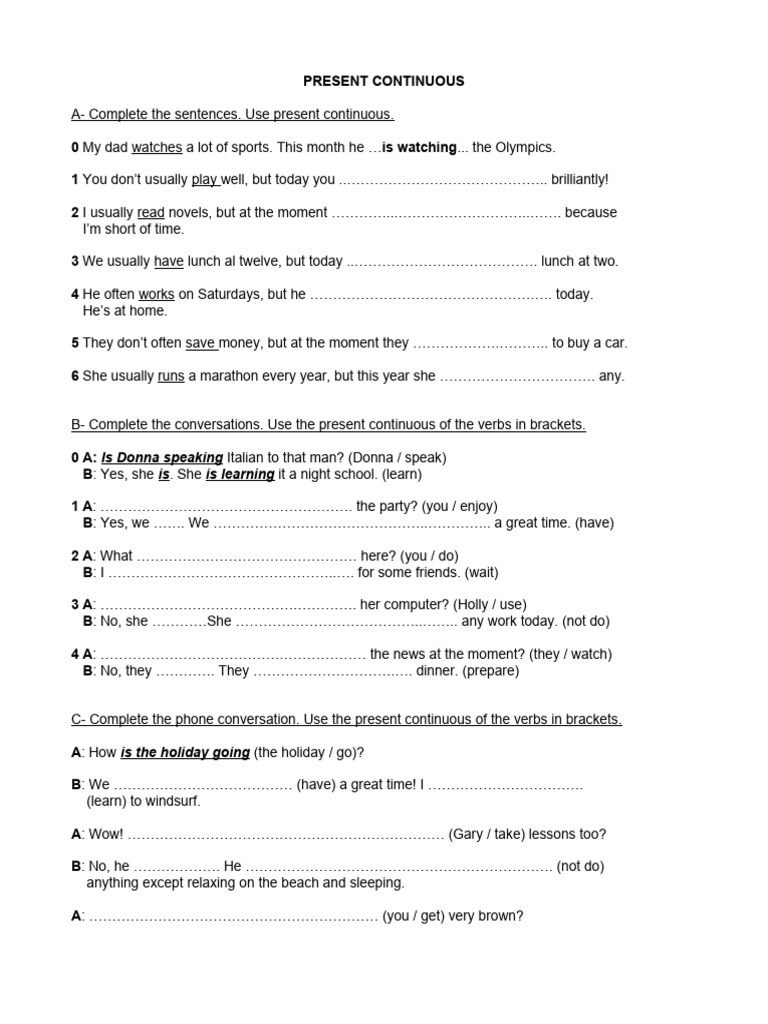 Present Continuous Practice Exercises | PDF