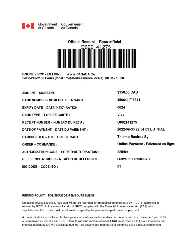 Reçu officiel de paiement IRCC | PDF | Finance et gestion monétaire