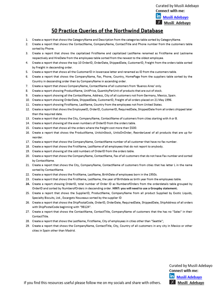 50 Northwind Practice Queries | PDF