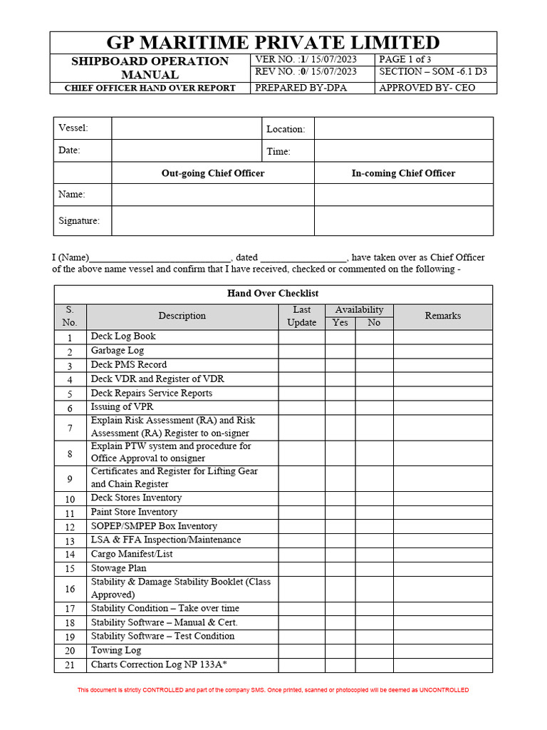 Chief Officer Handover Report | PDF | Shipping