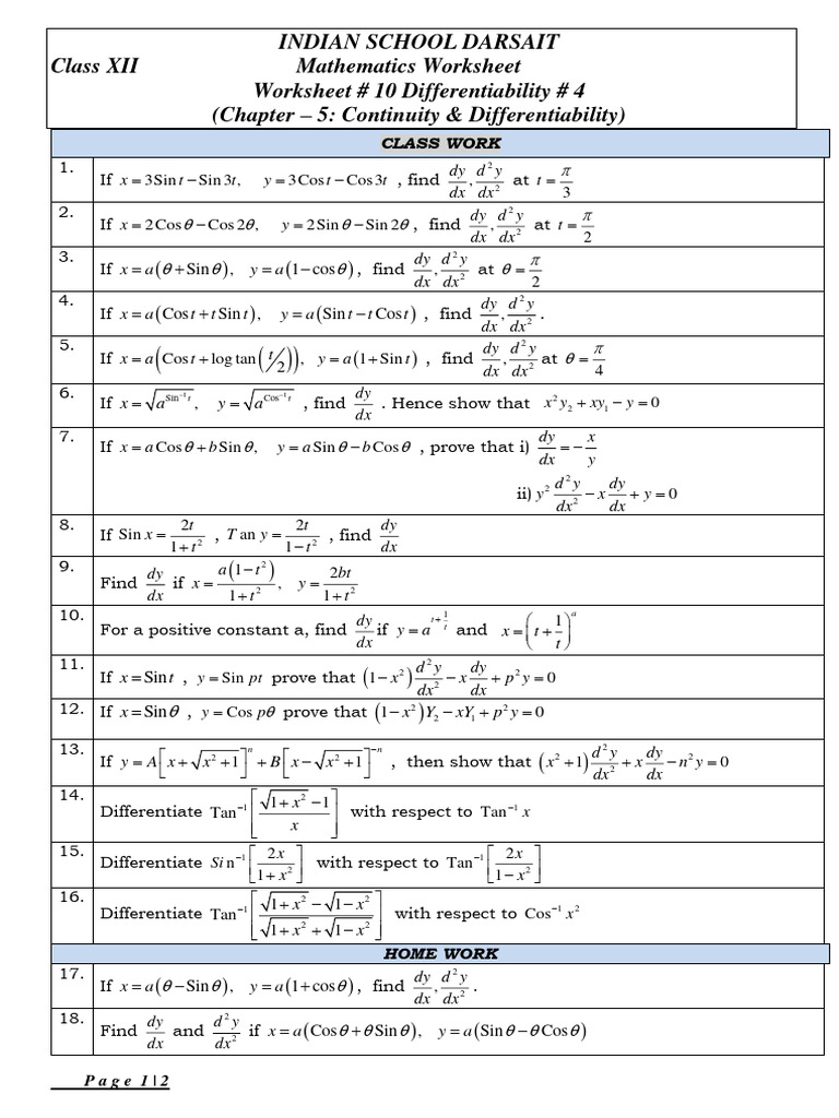 Class XII Mathematics Worksheet on Differentiability | PDF | Triangle ...