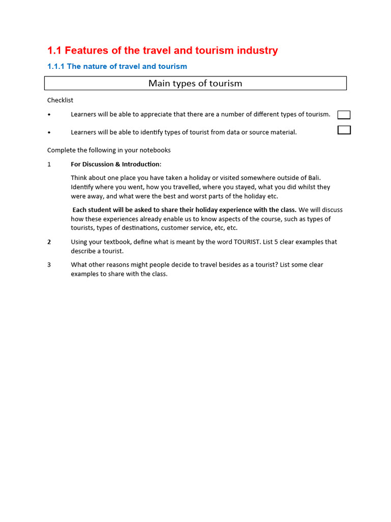  a main types of tourism student worksheet pdf tourism service
