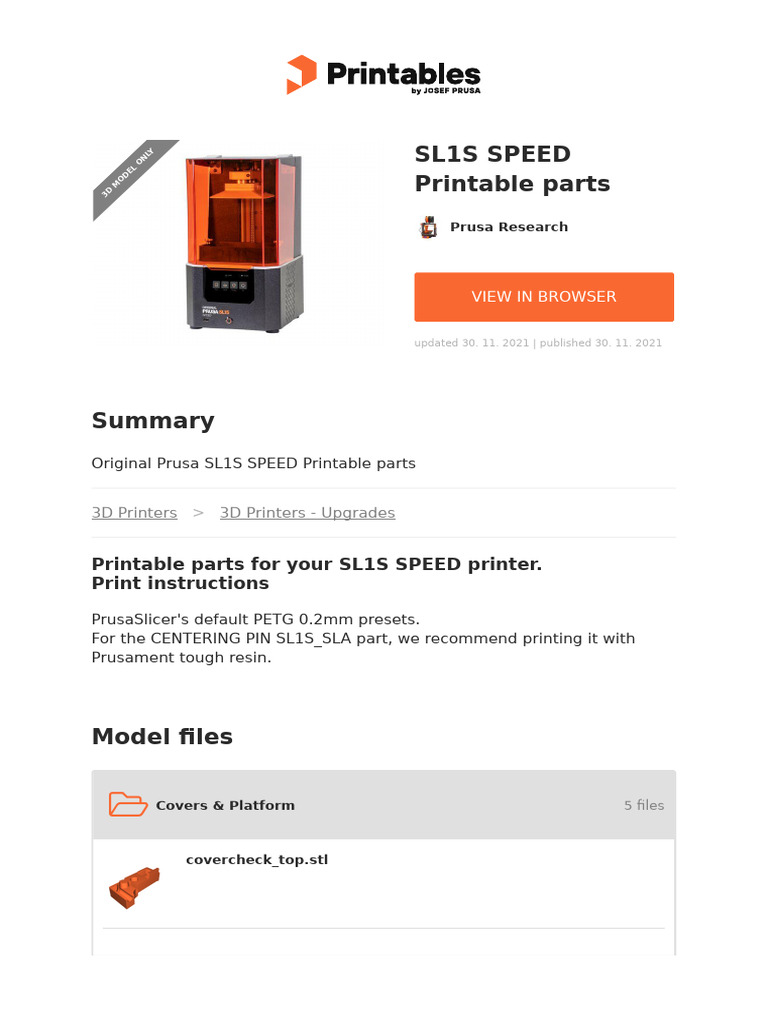 Original Prusa Sl1s Speed Printable Parts | PDF
