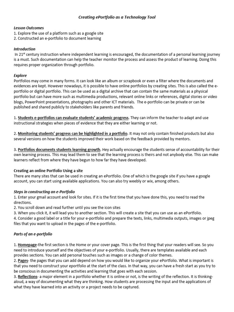 Creating Eportfolio As A Technology Tool Pdf Learning Experience