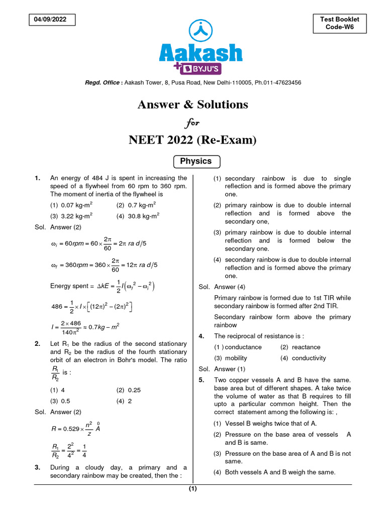 September 04 2022 NEET UG Re Exam Physics Solution Code W6 | PDF ...