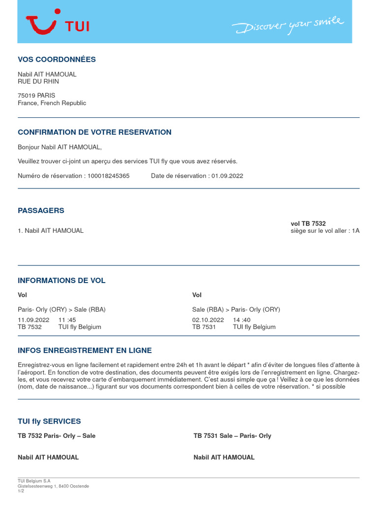 Confirmation réservation TUI fly TB 7532 | PDF