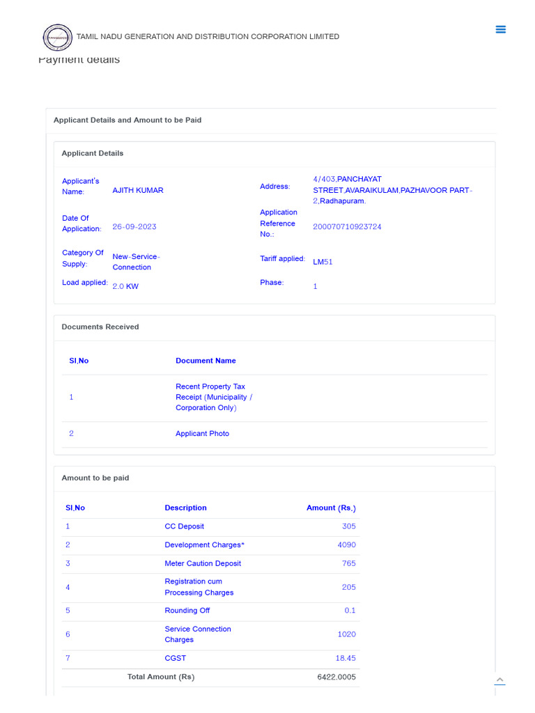 TNEB New Connection Payment Details | PDF | Receipt | Government