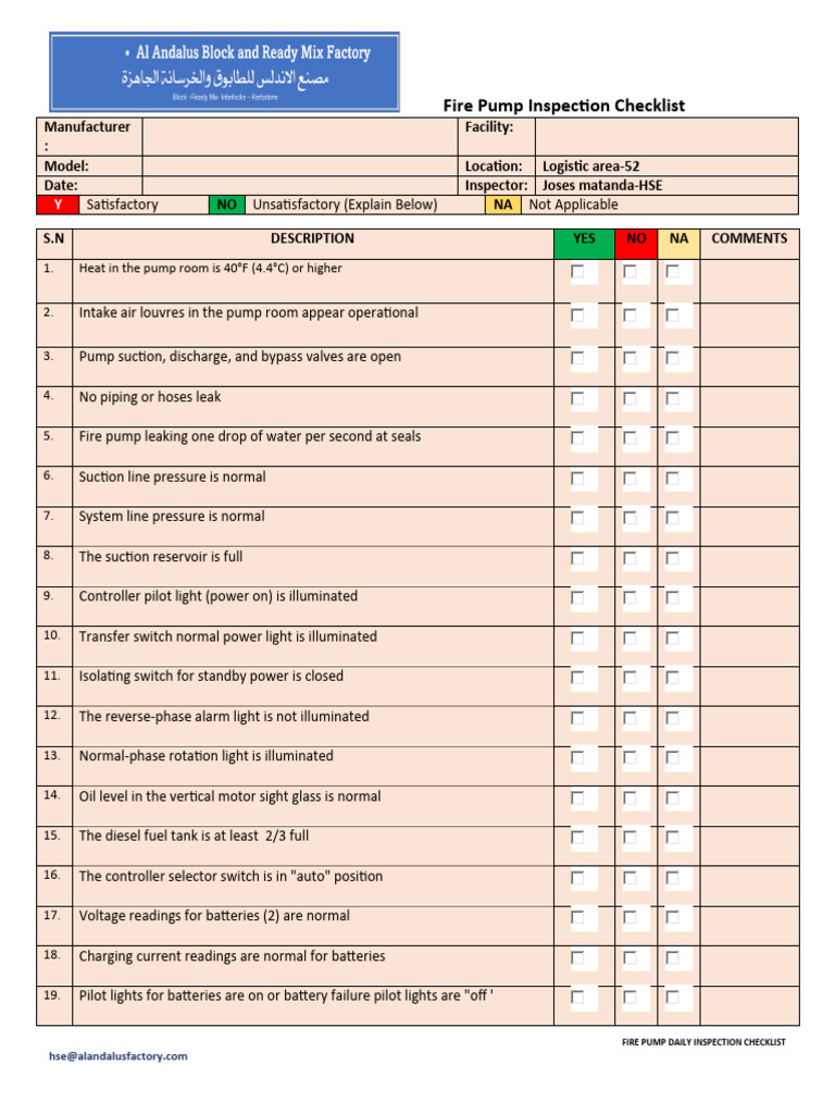 Fire Pump Daily Inspection Checklist | PDF | Pump | Diesel Engine