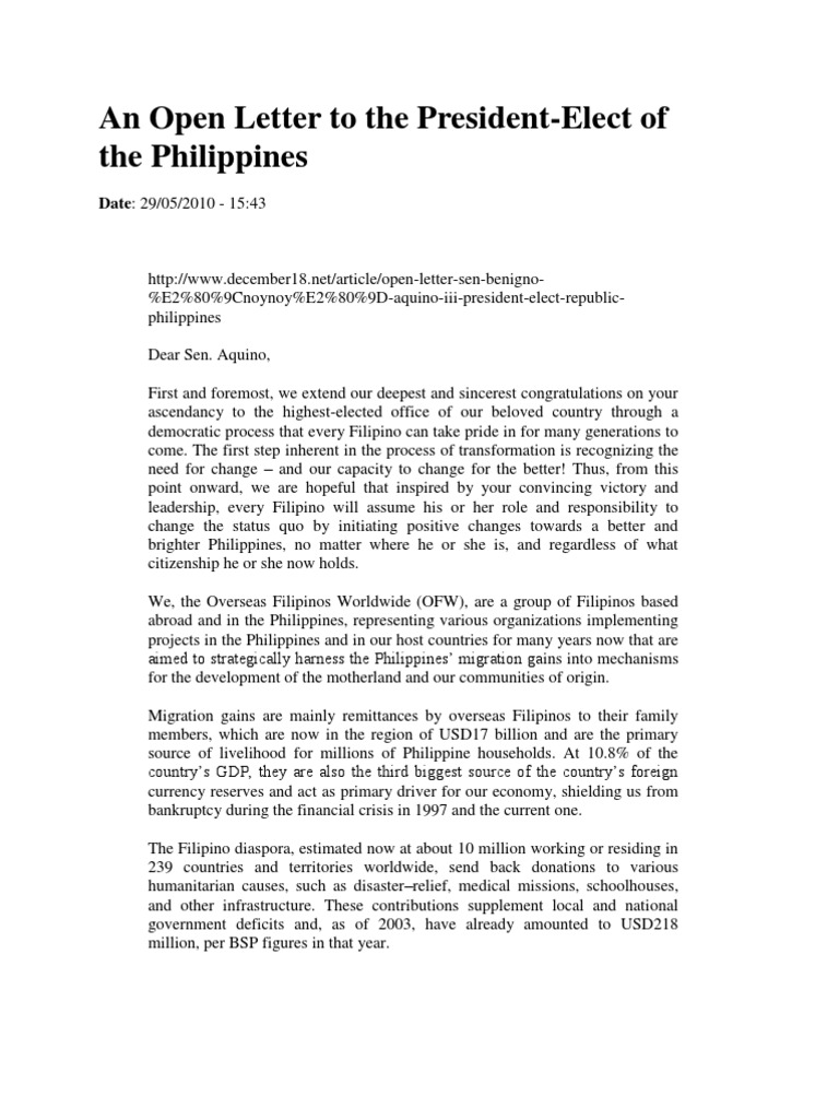 An Open Letter To The President | PDF | Philippines | Migrant Worker
