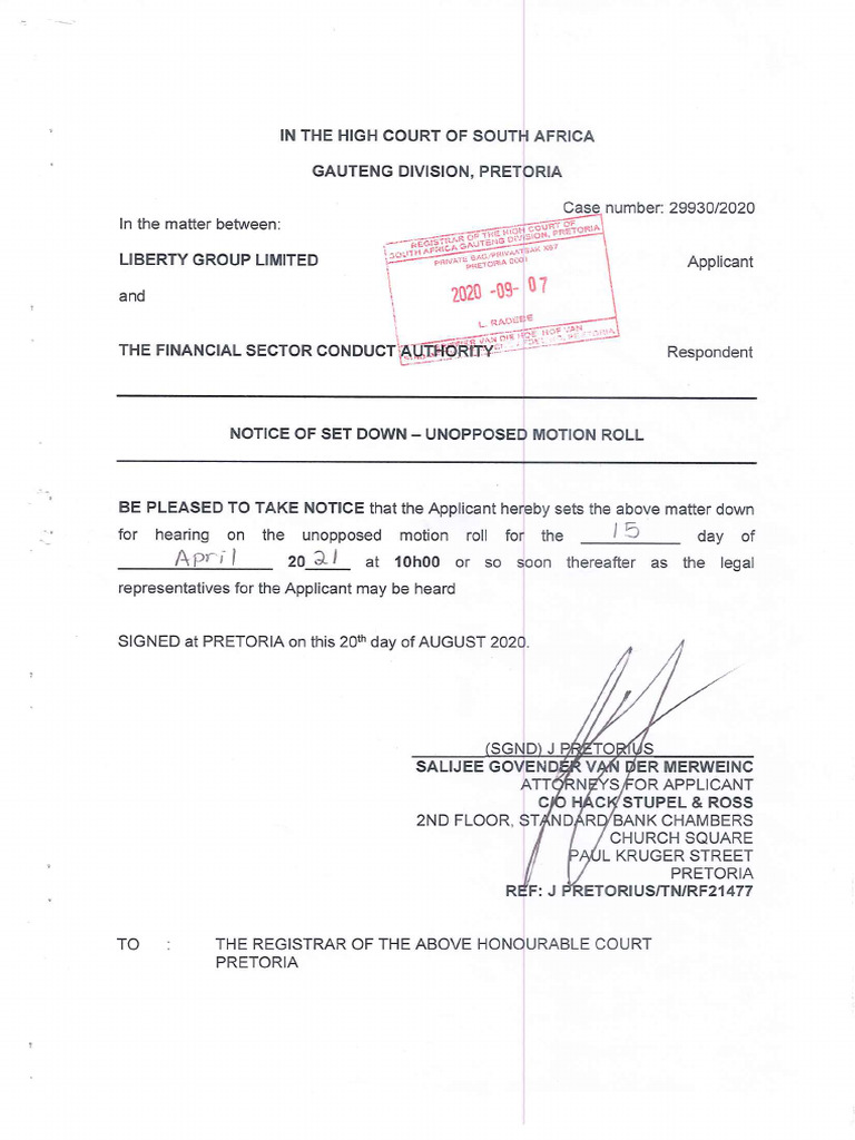 Notice of set down taxation unopposed roll precedent pdf