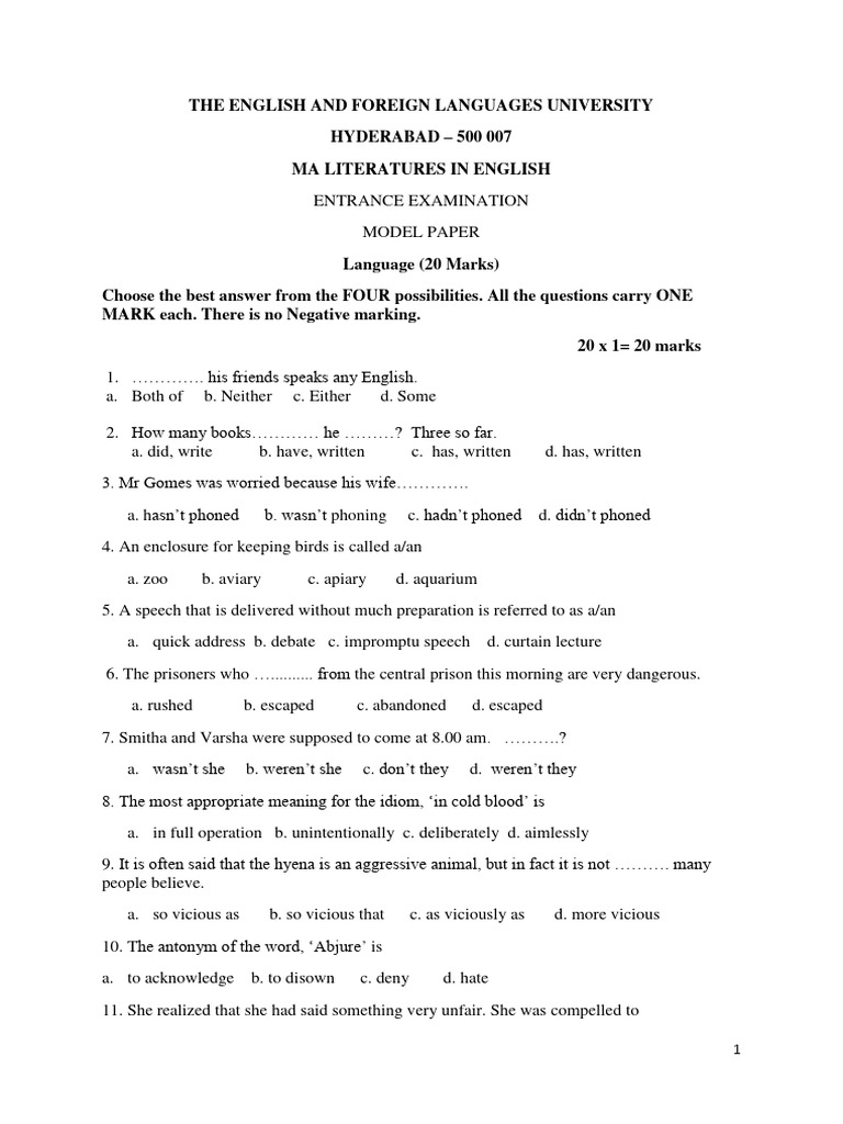 Eflu 2018 Ma English Entrance Question Paper PDF