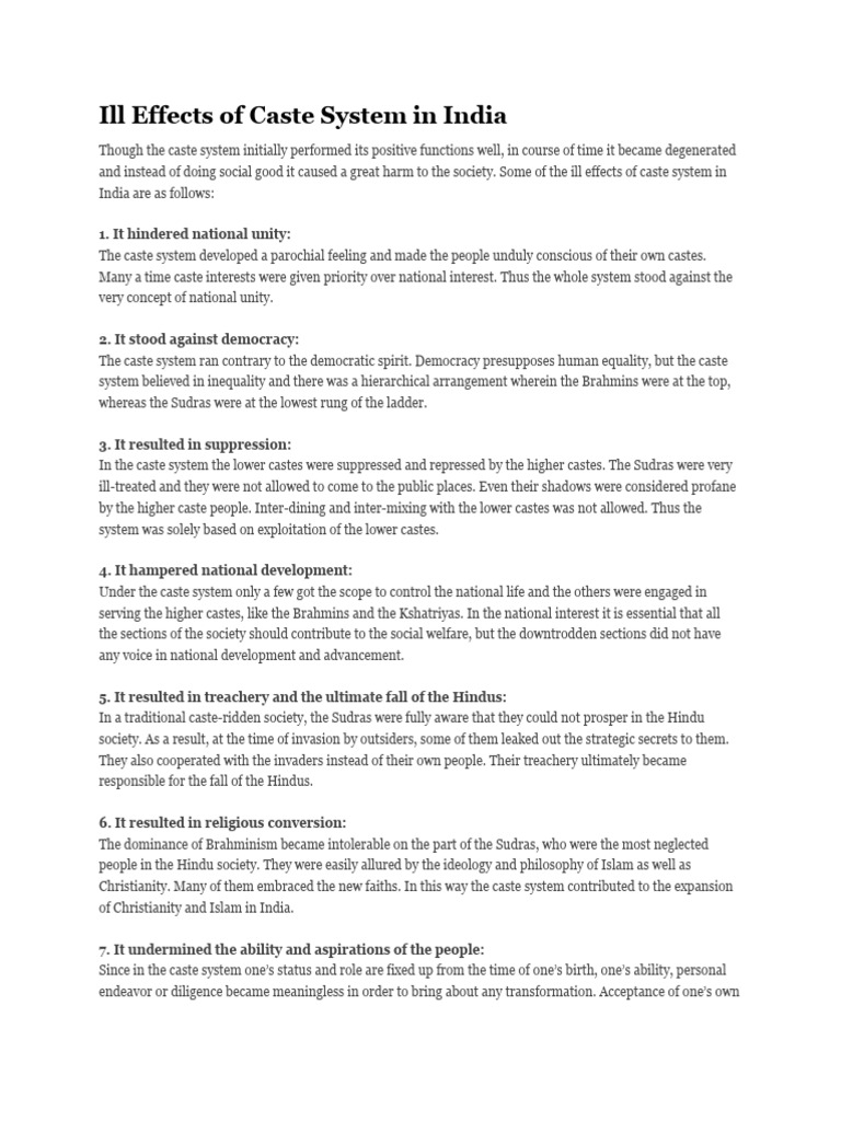 Ill Effects of Caste System in India | PDF | Caste