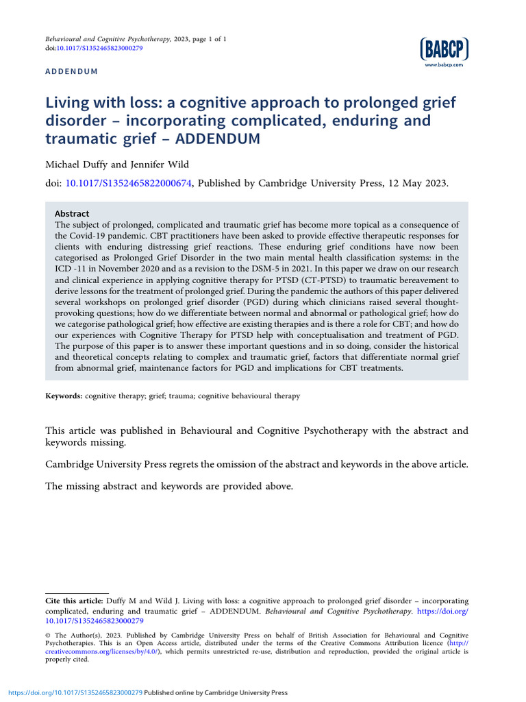 Living With Loss A Cognitive Approach To Prolonged Grief Disorder ...