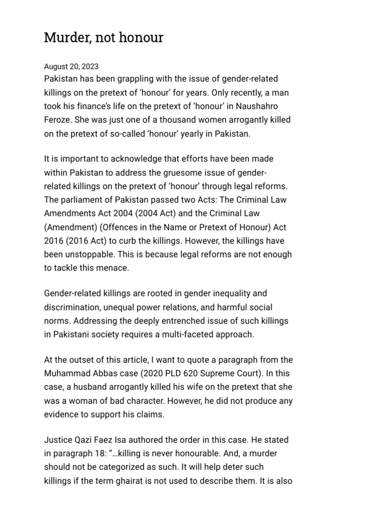 Murder, Not Honour PDF Crimes Crime & Violence