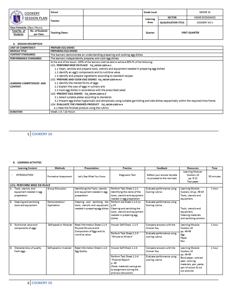 Cookery Sp 1st 4th Quarters Pdf Cooking Cuisine