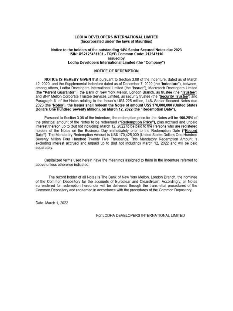 Redemption Notice To Note Holders and Trustee PDF