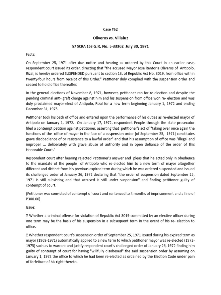 Oliveros v. Villaluz, 57 SCRA 163 | PDF | Contempt Of Court | Crimes